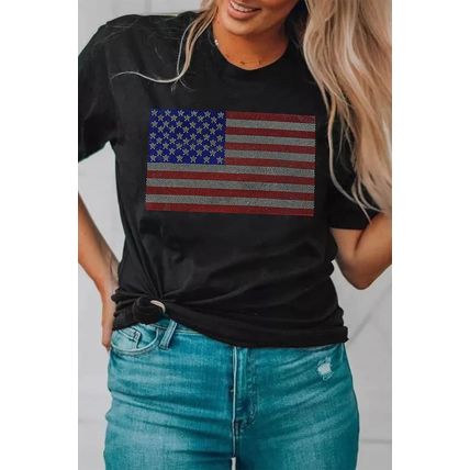 Black Rhinestone American Flag Round Neck Casual Tee