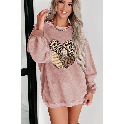 Pink Leopard Heart Shape Corded Loose Fit Sweatshirt