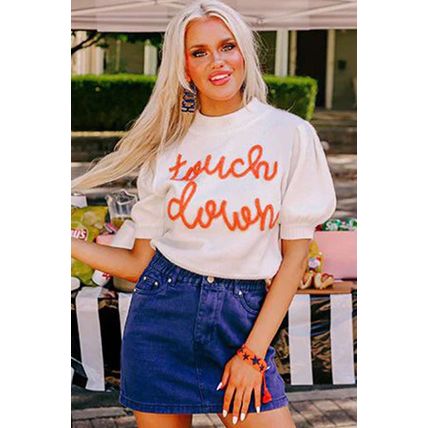 White Touchdown Tinsel Puff Short Sleeve Crew Neck Sweater
