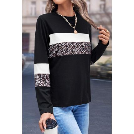 White Leopard Colorblock Patchwork Crew Neck Long Sleeve Tee