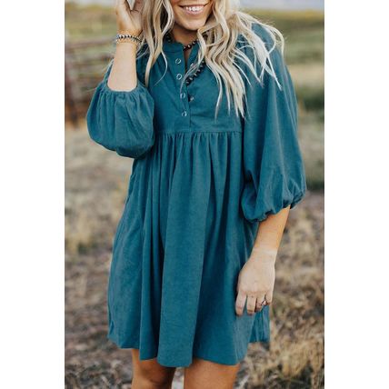 Blue Corduroy Snap Buttons Empire Waist Bracelet Sleeve Dress