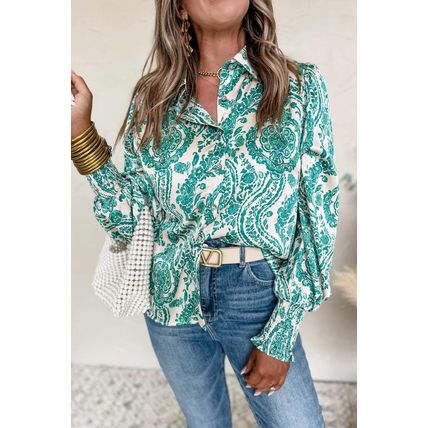 Green Paisley Print Smocked Cuff Buttoned Loose Shirt