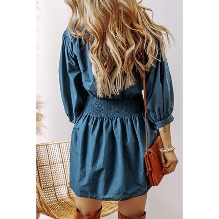 Prussian Blue 3/4 Sleeve Shirred High Waist Buttoned Mini Dress