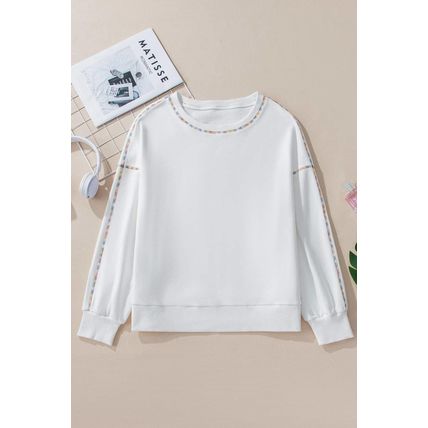 White Contrast Rainbow Trim Drop Shoulder Pullover Sweatshirt