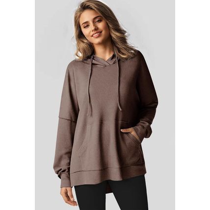 Coffee Waffle Knit Fleece Lined High Low Oversized Hoodie