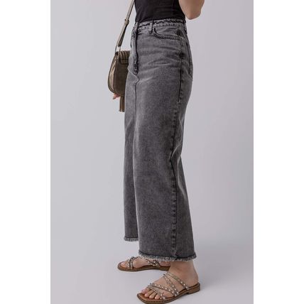 Dark Grey Denim Raw Hem Back Split High Waist Long Skirt