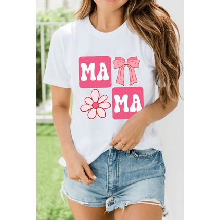 White MAMA Bow Flower Print Crewneck T Shirt