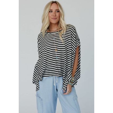 Black Stripe Batwing Sleeve Crewneck Oversized Top