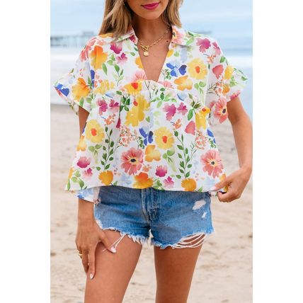 Yellow Floral Boxy Fit Ruffled Short Sleeve V Neck Blouse
