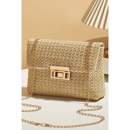 Camel Woven Chain Strap Flap Shoulder Bag
