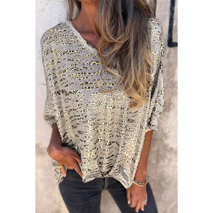 Gray Leopard Print Half Sleeve V Neck Loose Fit T Shirt