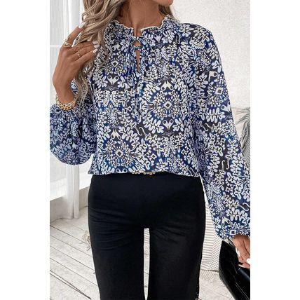 Blue Tribal Print Lace-up Frilled Neck Puff Sleeve Blouse