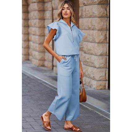 Beau Blue Textured Ruffled Sleeve Zipped Top and Wide Leg Pants Set