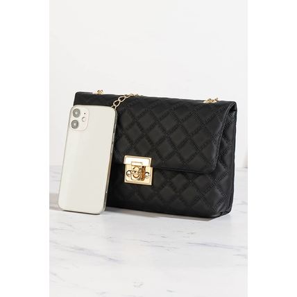 Black Textured PU Leather Gold Chain Buckle Single Shoulder Bag
