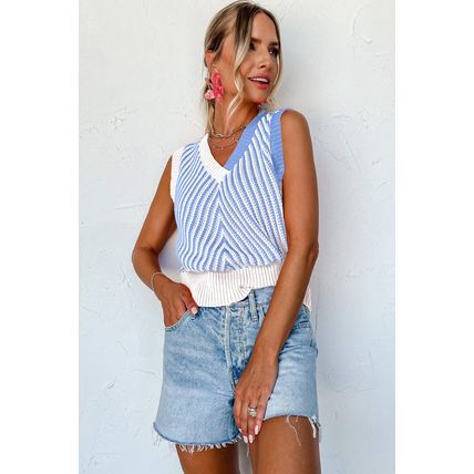 Sky Blue Contrast Chevron Knit V Neck Sweater Vest