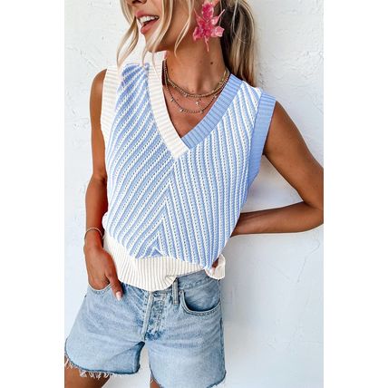 Sky Blue Contrast Chevron Knit V Neck Sweater Vest