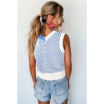 Sky Blue Contrast Chevron Knit V Neck Sweater Vest