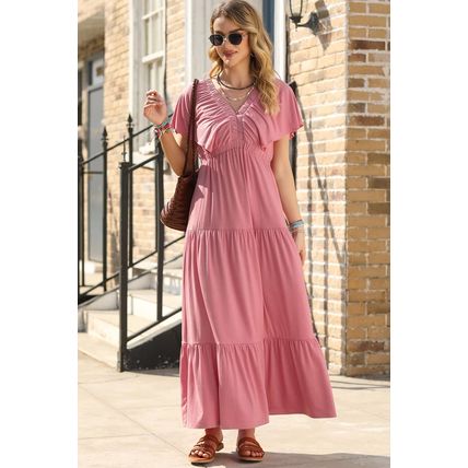 Rose Pink Textured V Neck Flutter Sleeve Ruffled Maxi Dress