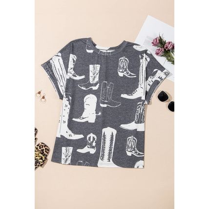 Gray Plus Size Western Boots Print Crew Neck T Shirt