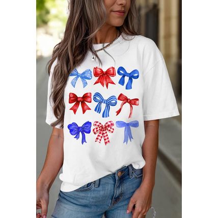 White USA Inspire Bow Print Crewneck Independence Day Tee