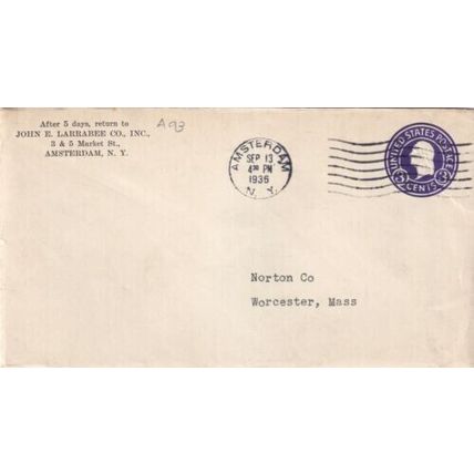 United States 1936 Amsterdam NY-Worcester MASS Cover Amsterdam cancel typed