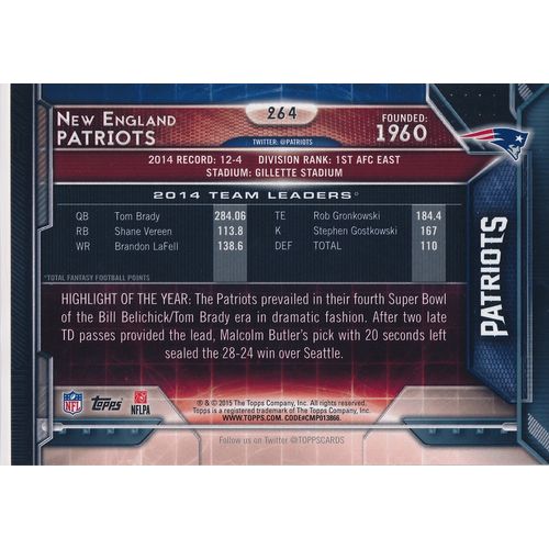 2015 Topps Football 264 New England Patriots Team Card TC