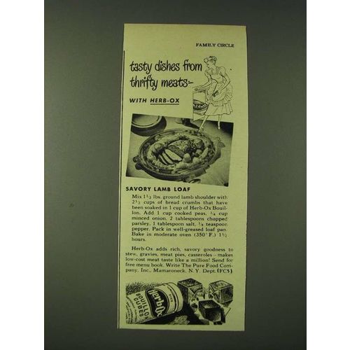1948 Herb-Ox Bouillon Cubes Ad - Savory Lamb Loaf recipe
