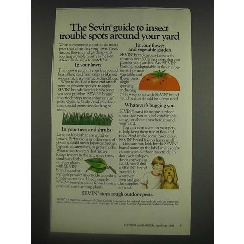 1985 Union Carbide Sevin Ad - guide to insect trouble spots around your yard