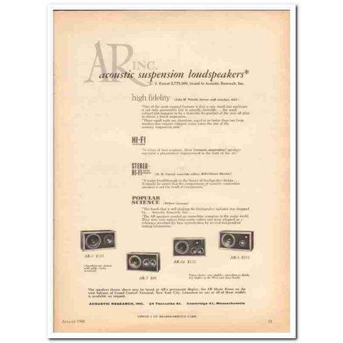 ACOUSTIC RESEARCH INC 1960 AR-1 AR-3 suspension loudspeaker vintage ad