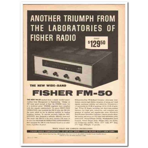 FISHER RADIO CORP 1960 FM-50 Wide-Band FM Stereo Tuner vintage ad