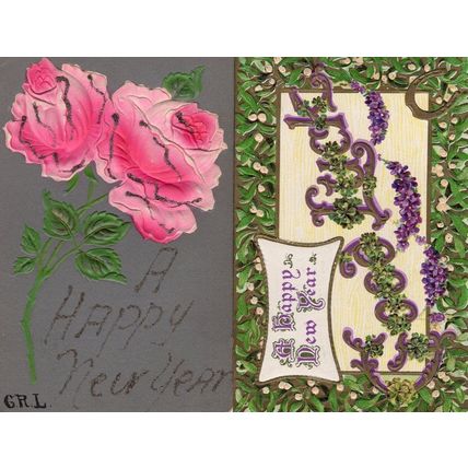 Happy New Year 2x Raised Antique Silk 3D Style Flowers Postcard