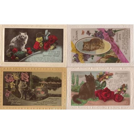 Cats Birthday 4x Antique Framed Border WW2 RPC Postcard s
