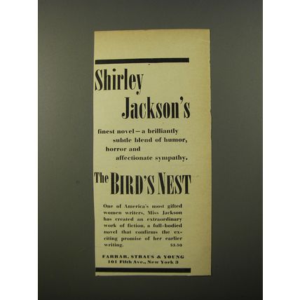 1954 Farrar, Straus & Young Book Ad - The Bird's Nest by Shirley Jackson