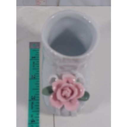 white baby booty with pink flower GLASS CERAMIC PORCELAIN MINIATURE SHOES VINTAG