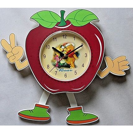 Novelty, Apple Shaped, Wall Clock Decorated with a Bear & Piglet