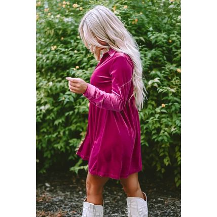 Rose Long Sleeve Ruffle Velvet Button Up Dress