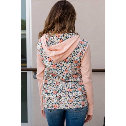 Pink Floral Patch Half Zip Kangaroo Pocket Hoodie
