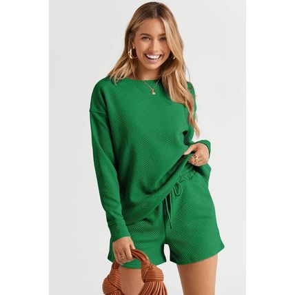 Green Textured Long Sleeve Top and Drawstring Shorts Set