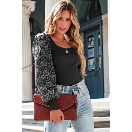 Black Flower Puff Sleeve Ribbed Knit Top