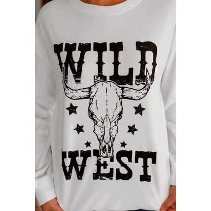 White WILD WEST Steer Skull Graphic Ribbed Sweatshirt