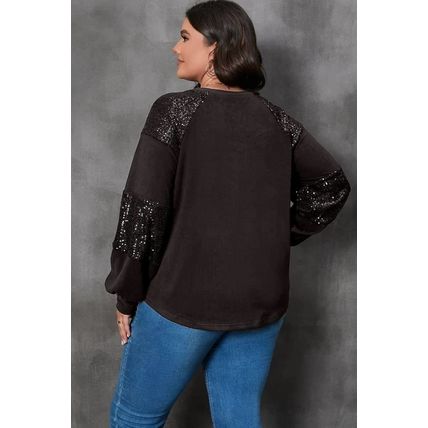 Black Plus Size Sequin Patchwork Crew Neck Long Sleeve Top