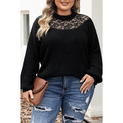 Black Plus Size Ribbed Knit Lace Splicing High Neck Sweater