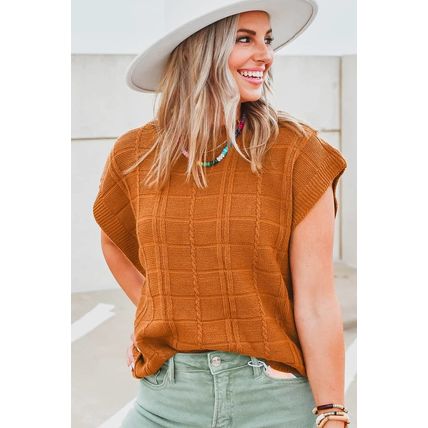 Chestnut Grid Textured Short Sleeve Sweater