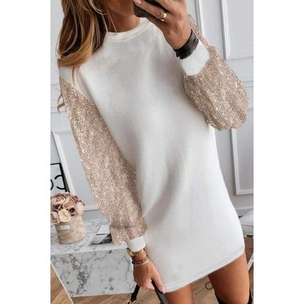 White Sequin Puff Sleeve Shift Mini Dress
