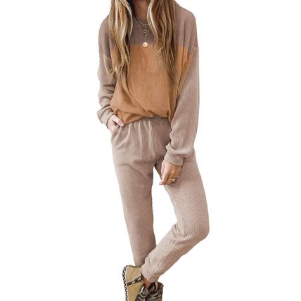 Brown Corded 2pcs Colorblock Pullover and Pants Outfit