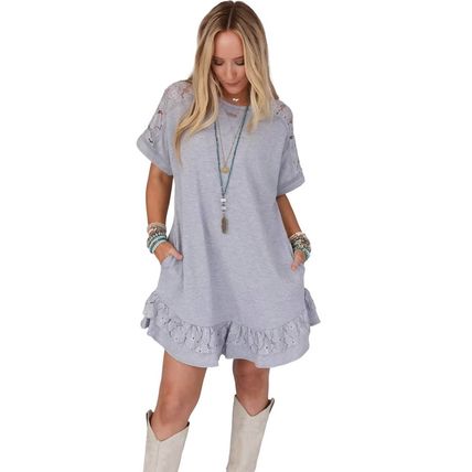 Light Grey Lace Floral Patchwork Ruffled T-shirt Dress