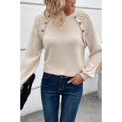 Parchment Contrast Lace Raglan Sleeve Buttoned Ribbed Top