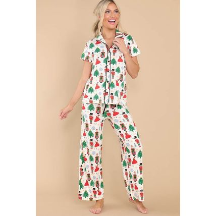 White Printed Christmas Pattern Buttoned Two Piece Sleepwear