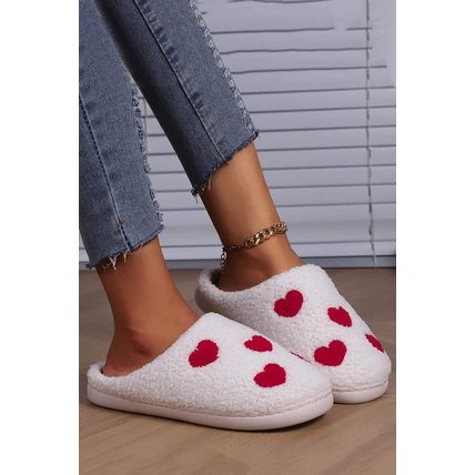White Valentines Day Hearts Print Plush House Slippers