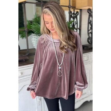 Rose Tan Button Keyhole Back Velvet Swing Top